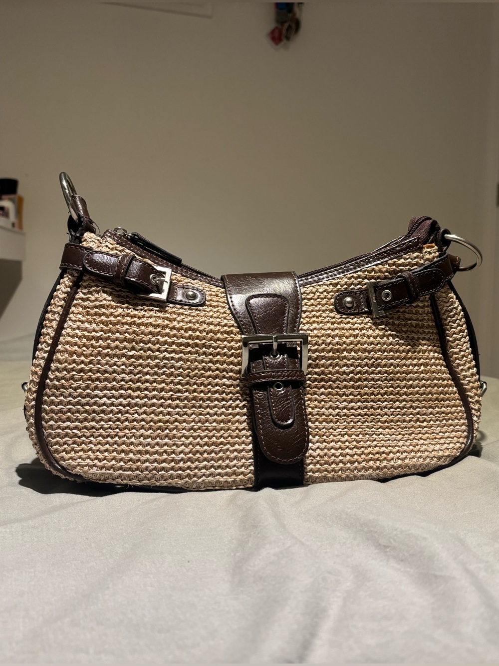 Woven Straw Shoulder Bag with Dark Brown Leather Trim